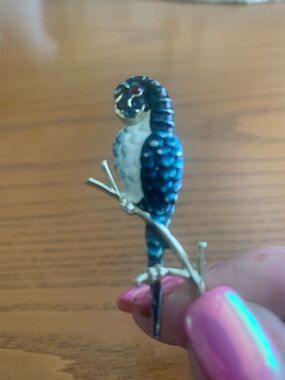 Beautiful Vintage Blue Parrot Enamel Brooch - w/ red and blue rhinestones